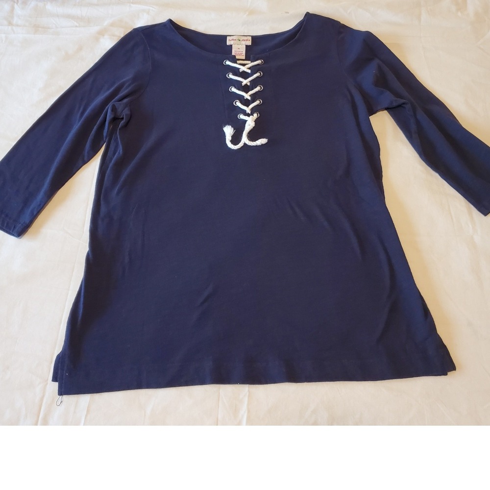 Toffee Apple Womens Navy Blue Lace Up Nautical Rope 100% Cotton Top Size M